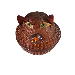 Vintage Cat Nesting Wicker Ratten Basket w/ lids,Green glass eyes